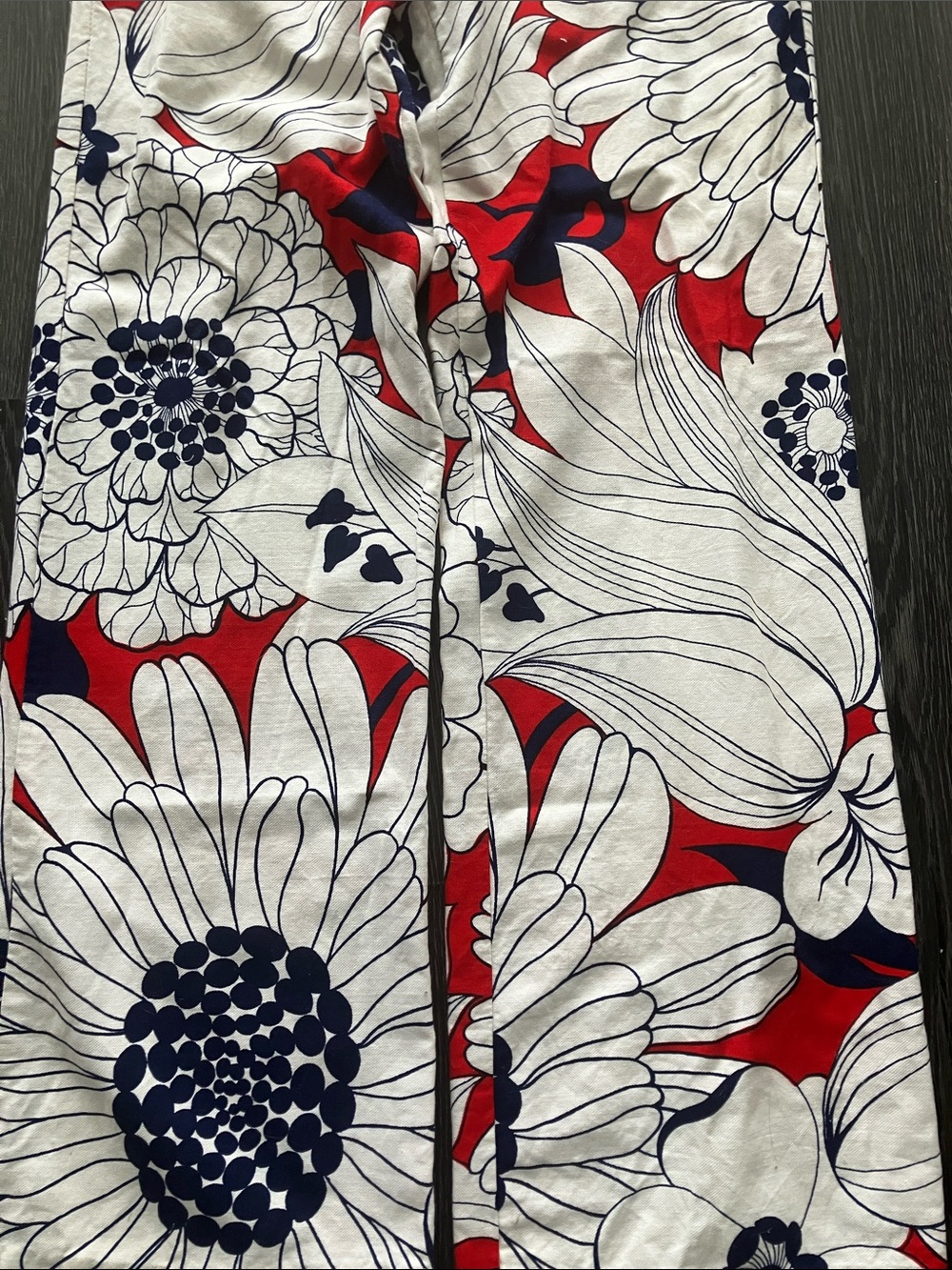 Vintage 60s 70s Flower Power Red, Navy & White Graphic Print Wide Leg Pants - Picture 3 of 5
